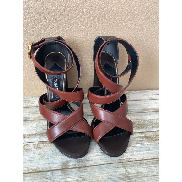 Tom Ford Brown Leather Strappy Block Heel Sandals Sz 39 Made in Italy - No Box - Picture 2 of 15